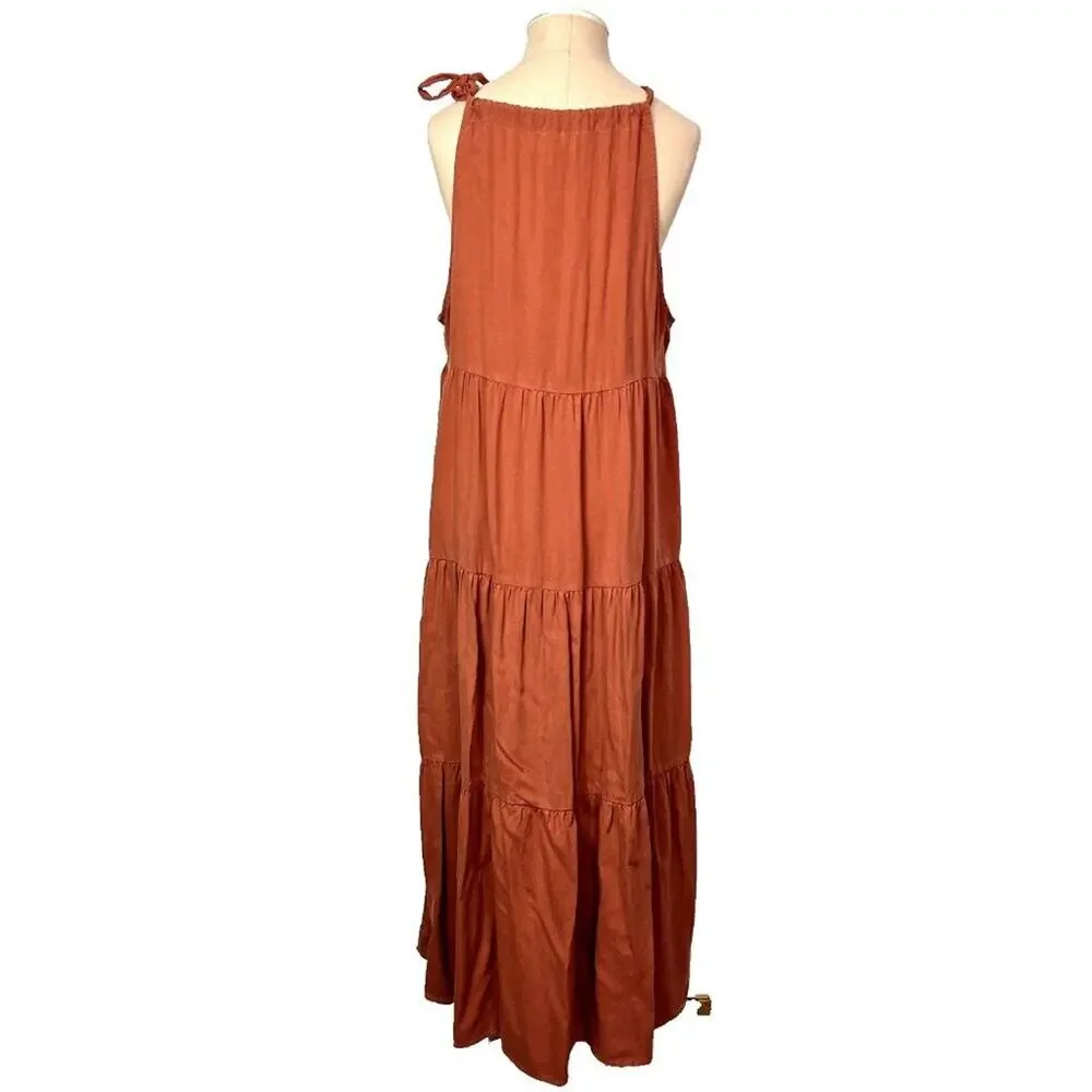 Cloth and Stone Dress Size M Halter Midi Orange Lyocell Neck Tie Tiered Flounce